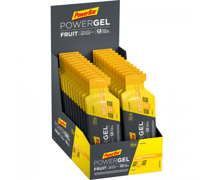 Caja Geles PowerBar PowerGel Fruit Mango Fruta De La Pasión 24 ud * 41 gr